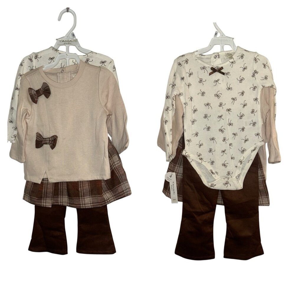 Tahari Girls Brown Floral & Plaid Holiday School 4 Piece Set Size 24 Months
